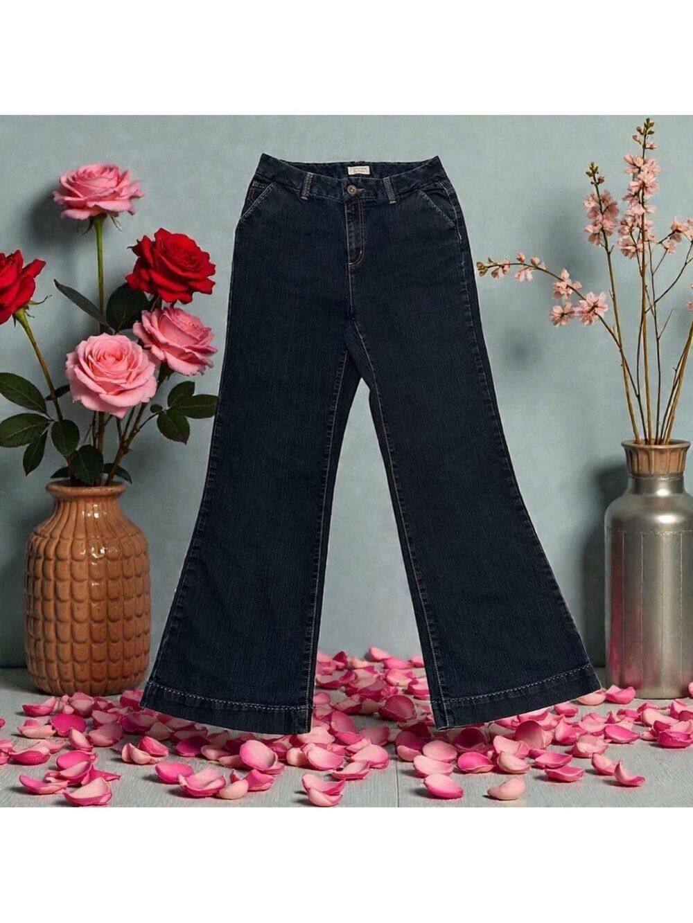 Christopher & Banks Flare Jeans Womens 10 BLUE 32” Inseam High-Rise Distressed